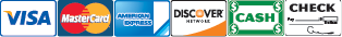 We Accept Visa, MasterCard, American Express, Discover, Cash and Checks